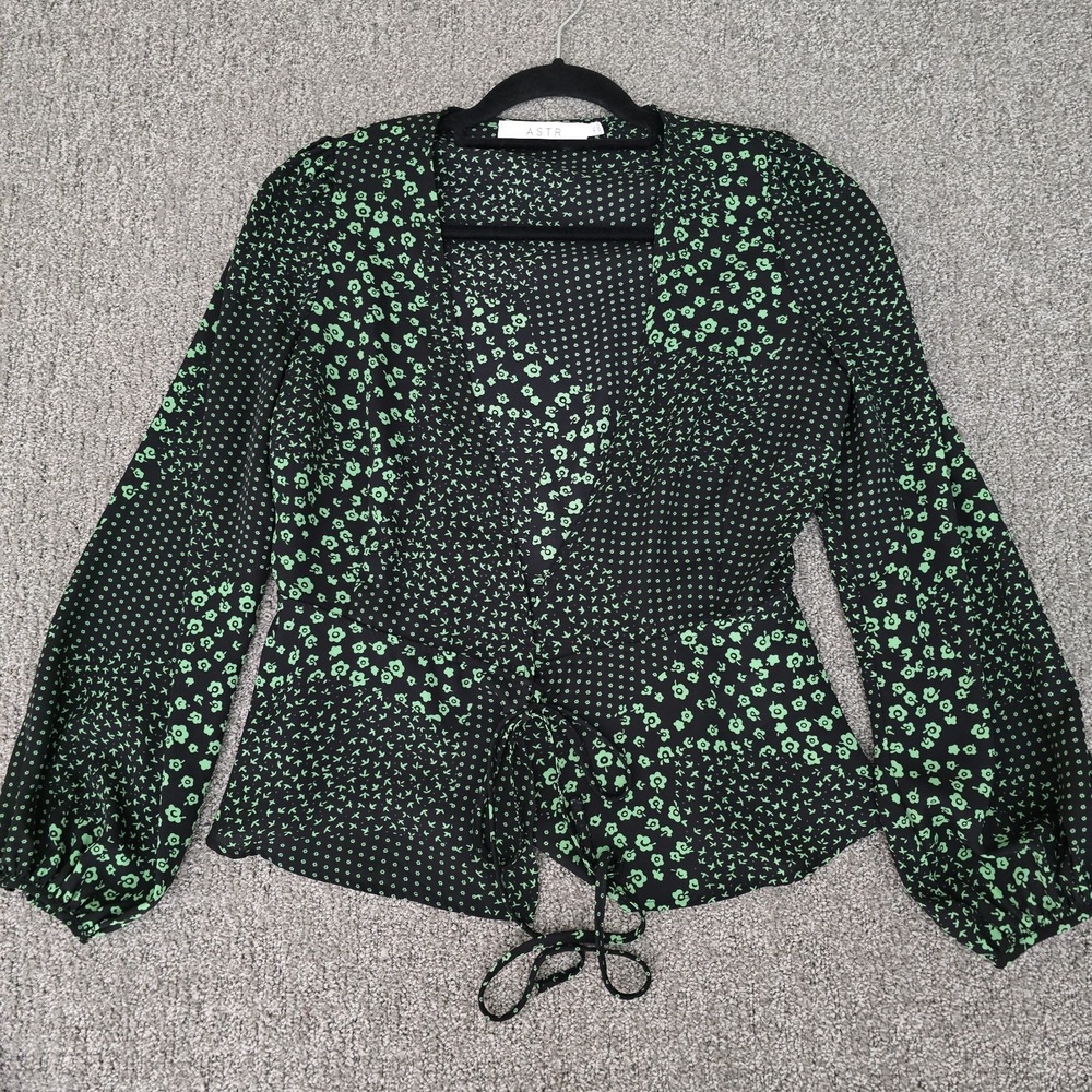 Coquette Floral Wrap Top Sheer Balloon Sleeve‎ Peplum Black Green XS